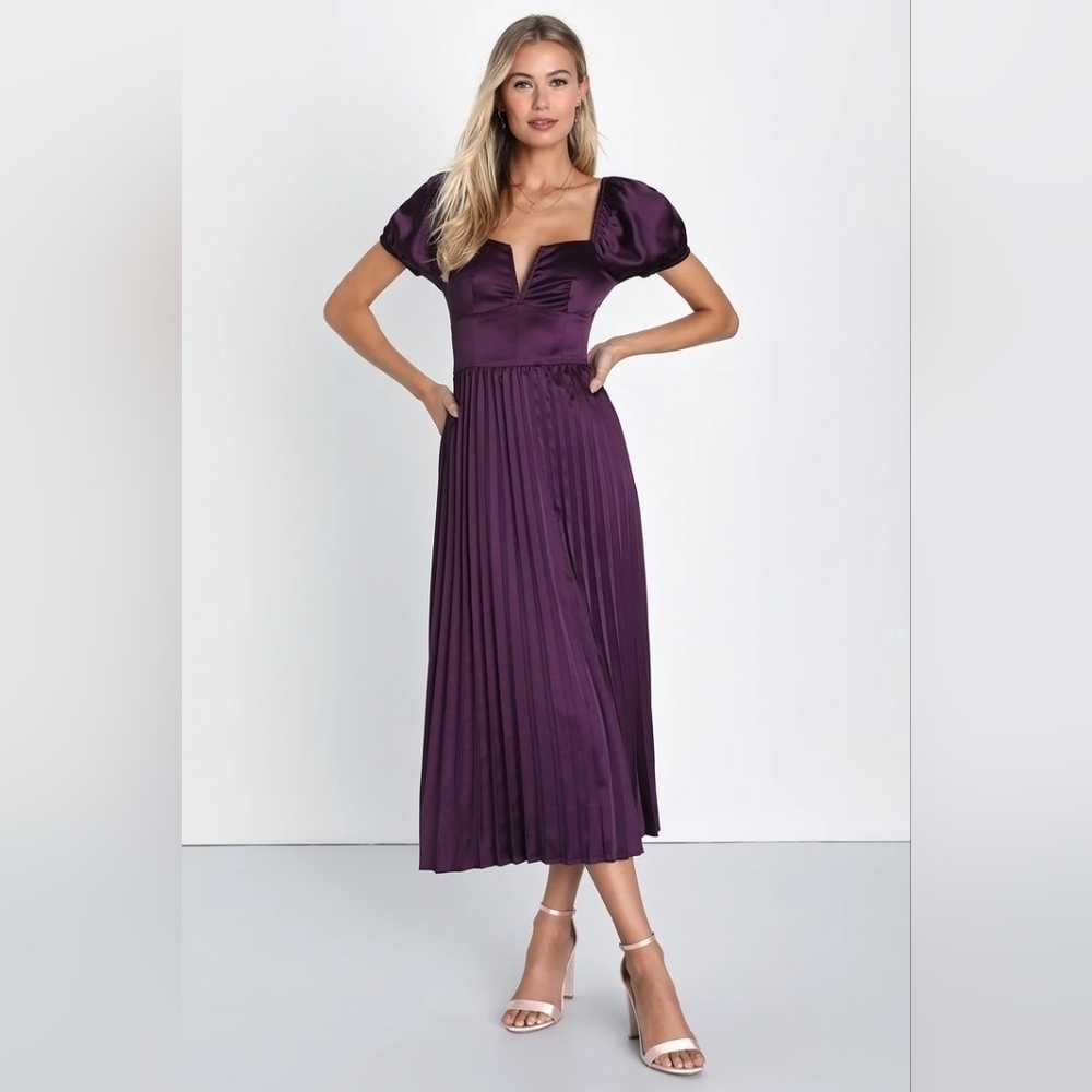 Lulus Flawless Forever Dark Purple Satin Pleated Midi Dress M Wedding Party Prom - Picture 2 of 9